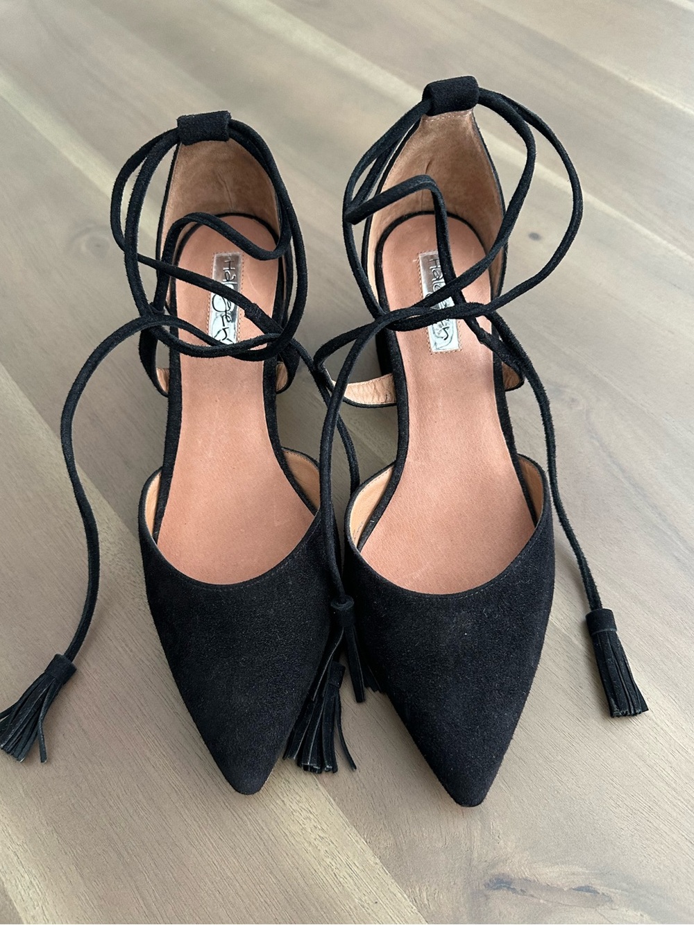 Halogen Black Pointed Lace-Up Tassel Heels, size 7